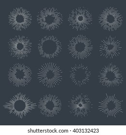 Designers collection of vector sunburst. Set for vintage design project. Style elements graphic template