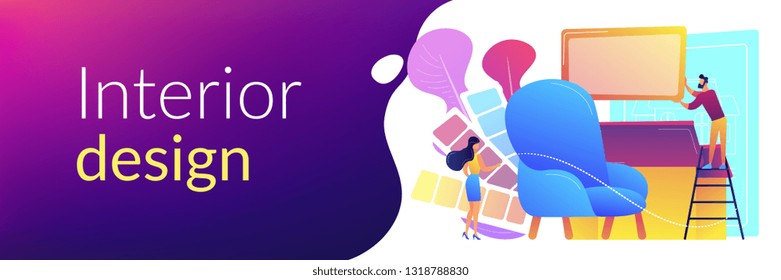 Designers with color palette designing interior decorations. Interior design, house decoration service, interior design studio concept. Header or footer banner template with copy space.