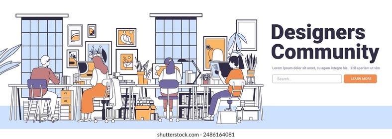Designers community collaborative workspace minimalistic line art illustration featuring people working at desks large windows wall art plants office setting