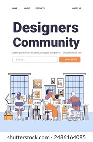 Designers Community workspace creative collaboration minimalistic line art office interior people working at desks plants wall art large windows website design