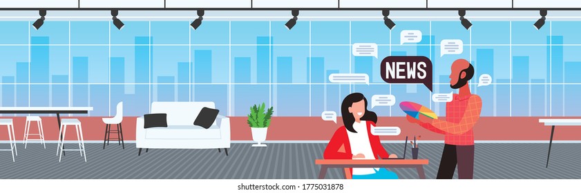 designers couple chatting during meeting discussing daily news chat bubble communication concept art studio interior horizontal portrait vector illustration