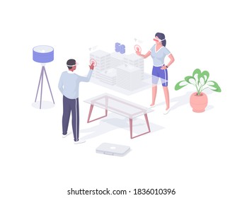 Designer erstellen Projekt im VR-Modus isometrische Vektorgrafik . Männliche und weibliche Charaktere in Virtual-Reality-Brillen gestalten Stadtkomplex. 3D-Simulationsgerät für Cyberspace-3D-Simulation realistische Illustration.