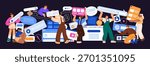 Designers create together. People redesign UI UX design with elements. Creative team updates digital interface of web and mobile app. Teamwork development concept. Flat isolated vector illustration