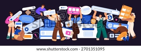 Designers create together. People redesign UI UX design with elements. Creative team updates digital interface of web and mobile app. Teamwork development concept. Flat isolated vector illustration