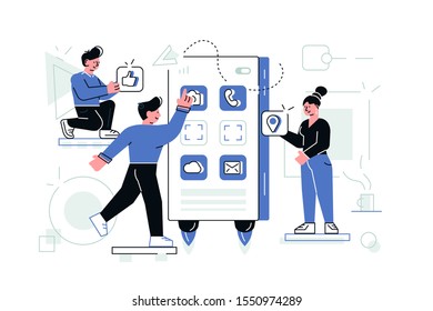 Designers creating internet application vector illustration. Development team standing at big smartphone and designing web app. Steps of creation website for social network