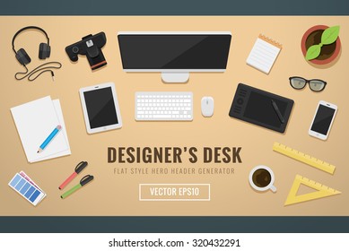Designers desk header hero image flat style elements vector illustration