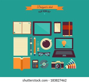 Designer's desktop, set of flat icons