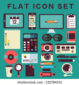 Escritorio del diseñador, conjunto de iconos planos