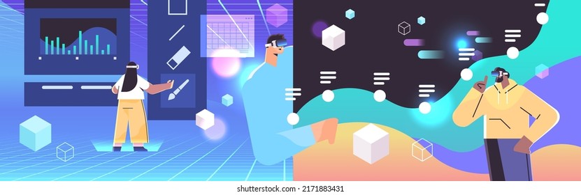 designers in digital glasses drawing in graphic editor creating website user interface vr vision headset innovation metaverse