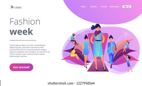 Designers display latest collection in runway fashion show to buyers and media. Fashion week, fashion industry event, runway fashion show concept. Website vibrant violet landing web page template.