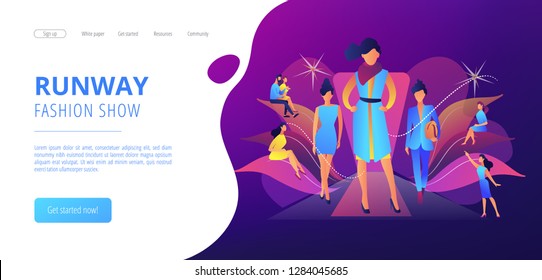 Designers display latest collection in runway fashion show to buyers and media. Fashion week, fashion industry event, runway fashion show concept. Website vibrant violet landing web page template.