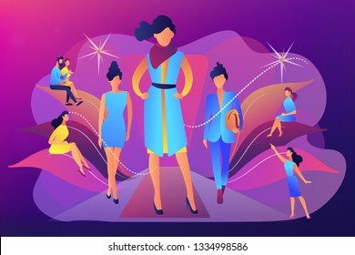 Designers display latest collection in runway fashion show to buyers and media. Fashion week, fashion industry event, runway fashion show concept. Bright vibrant violet vector isolated illustration