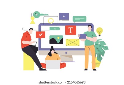 Designers doing presentation, working on new project. Web designers team prototyping new website, landing page or mobile application. Teamwork concept vector illustration
