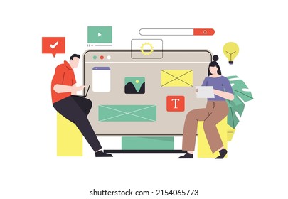 Designers doing presentation, working on new project. Web designers team prototyping new website, landing page or mobile application. Teamwork concept vector illustration
