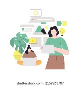 Designers doing presentation, working on new project. Web designers team prototyping new website, landing page or mobile application. Teamwork concept, businesswomen vector illustration	
