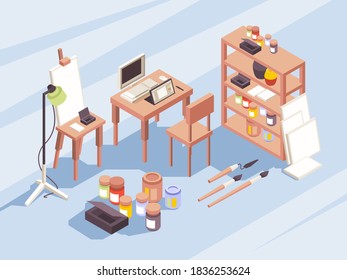 Designers drawing tools. Stationary items for painters photo cameras laptop brushes isometric symbols for education and work vector