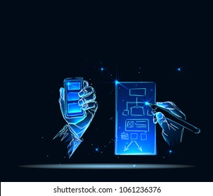 Designers drawing website ux app development. User experience concept. Low poly vector illustration.
