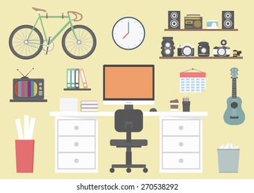 designer's equipment on desk, coffee, camera, book, workspace and creative zone, flat design