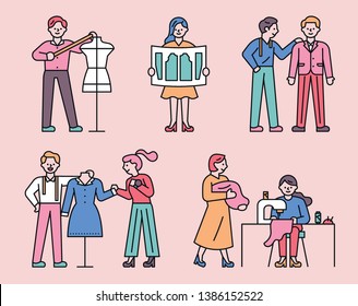 Designers of fashion design shops. The process of making clothes. flat design style minimal vector illustration