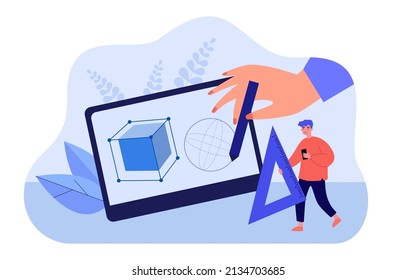 Diseñadores dibujando figuras 3d con lápiz y tableta. Pequeño hombre ayudando con la ilustración de vector plana de la regla. Diseño digital, concepto de proyecto creativo para banner, diseño de sitios web o página web de aterrizaje