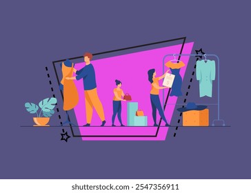 Designers organizing salesroom in boutique. People wrapping mannequin in fabric, hanging clothes and price on rack. Vector illustration for clothes production, fashion house, tailor shop concept