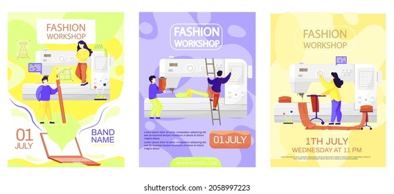 Designers are planning model of clothes. Seamstresses work with sewing machine in studio for tailoring to order. Fashion workshop concept poster. Website with handmade ready-to-wear clothing