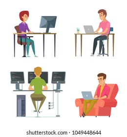 Designers and programmers at work. Programmer and designer, computer workplace. Vector illustration