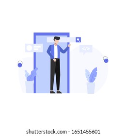 diseñadores investigan, crean y presentan sitios web e ilustraciones vectoriales de aplicaciones, adecuados para página de inicio, ui, sitio web, aplicación móvil, editorial, afiche, volante, artículo y banner