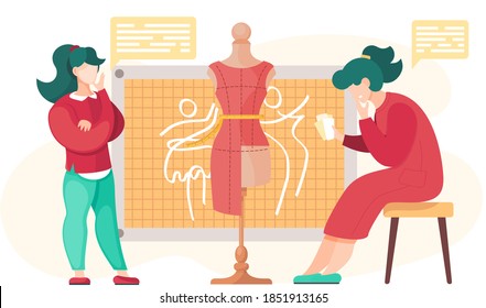 Designers or seamstresses are working with dress model in the tailoring studio. Embroidery to order. Drawing a dress model on the paper. Woman near the pattern of future clothes on the mannequin
