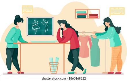 Designers in a studio planning design of future garment. Girl chooses a dress. Women communicate and work together. Preparation for tailoring and making clothes. Fashion designers in tailoring studio