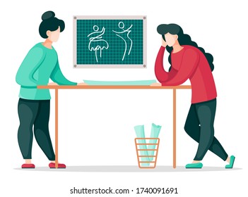 Designers talking about concept of female, male cloth. Sewers choose variant of tailor pattern. Concept of sewing workshop with stylists working. Thinking woman lean on table. Flat vector illustration