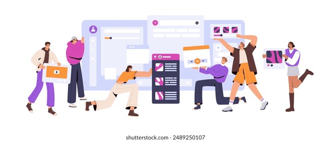 Designers team creates web app interface together. Concept of teamwork in UX UI design processes. People build prototypes from digital elements. Flat isolated vector illustration on white background