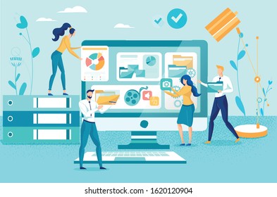 Designers Team Creating Responsive User Interface. Office Stationeries, Giant Laptop with Different Icons and Open Application Windows, Tiny Working People. Vector Flat Cartoon Illustration