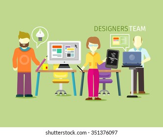 Designers Team People Group Flat Style. Design Graphic, Graphic Design, Web Designer, Architect And Teamwork, Business Office And Workplace Illustration