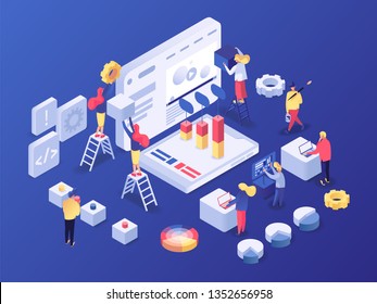 Designers team working on new creative draft. People building and developing website. Technology internet and networking concept isometric vector illustration