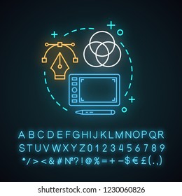 Designers tool neon light concept icon.  Graphic design idea. Printing. Graphic tablet, pen tool, color model. Glowing sign with alphabet, numbers and symbols. Vector isolated illustration
