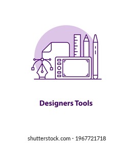 Designers tools creative UI concept icon. Design elements abstract illustration. Digital illustrator professional equipment. Isolated vector art for UX. Color graphic design element