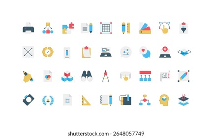 Designers tools and software, creative mindset and imagination of artist, content planning color icon set. Options and settings of application, graphic design software process flat vector illustration
