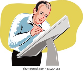 Designers while working on his drawing board.