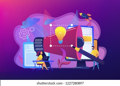 Designers work on brand and megaphone. Brand identity and logo, business card, advertisement and graphic design concept on ultraviolet background. Bright vibrant violet vector isolated illustration