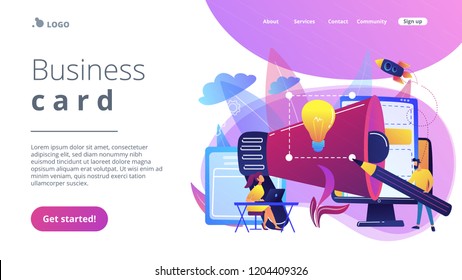 Designers work on new brand and big megaphone. Brand identity and logo, business card, advertisement and graphic design concept on white background. Website vibrant violet landing web page template.