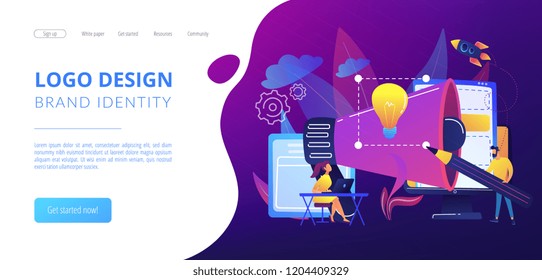 Designers work on new brand and big megaphone. Brand identity and logo, business card, advertisement and graphic design concept on white background. Website vibrant violet landing web page template.