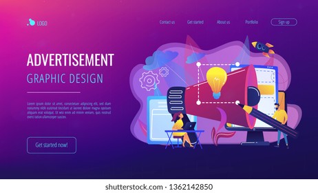 Designers work on new brand and big megaphone. Brand identity and logo, business card, advertisement and graphic design concept on white background. Website vibrant violet landing web page template.