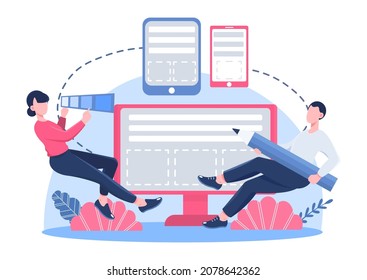 Designers working in office. Man and girl use program to create concept. Development of applications and graphic elements for site. Mockup, template, freelancer. Cartoon flat vector illustration