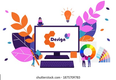 Designers are working on creating a logo. We go vector illustration for mobile and web graphics. Flat style
