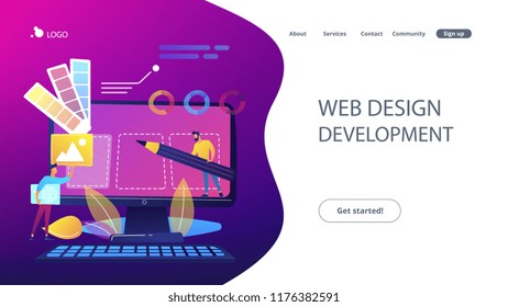 Designers are working on the desing of web page. Web design, User Interface UI and User Experience UX content organization. Web design development concept. Website landing web page template.