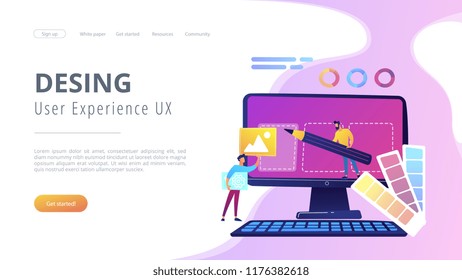 Designers are working on the desing of web page. Web design, User Interface UI and User Experience UX content organization. Web design development concept. Website landing web page template.