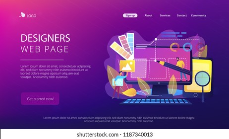 Designers are working on the desing of web page. Web design, User Interface UI and User Experience UX content organization. Web design development concept. Website landing web page template.