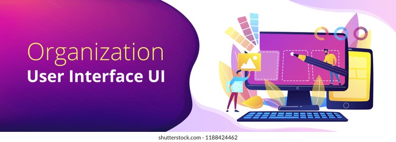 Designers are working on the desing of web page. Web design, User Interface UI and User Experience UX content organization. Web design development concept. Header or footer banner template.