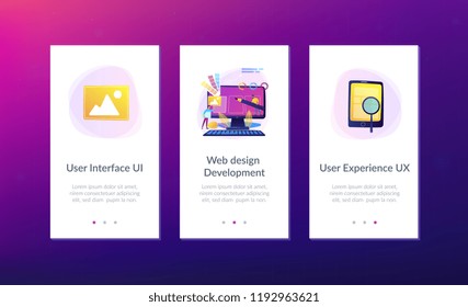 Designers are working on the desing of web page. Web design, User Interface UI and User Experience UX content organization. Web design development concept. Mobile UI UX app interface template.